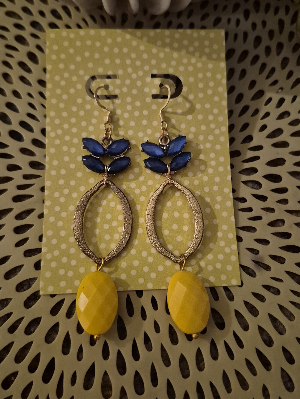 Gold-Tone Drop Earrings with Blue Leaves and Yellow Faceted Beads
